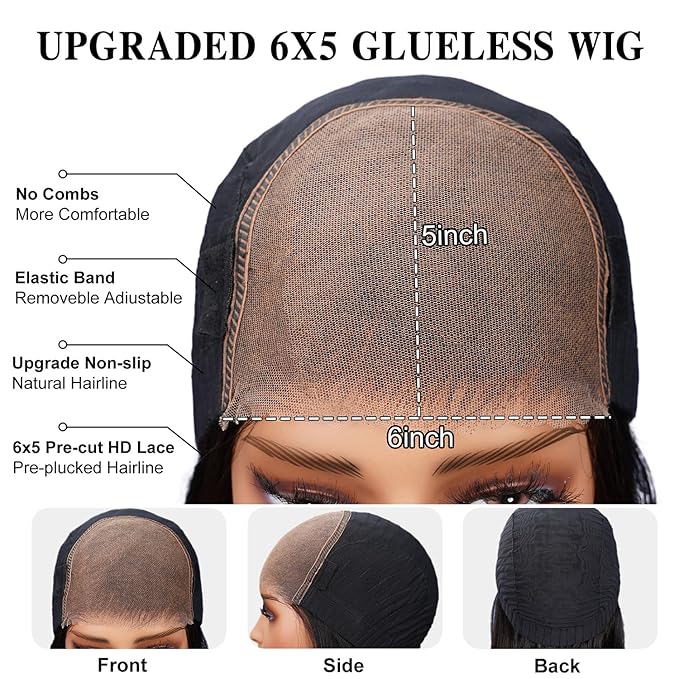 12inch 5x6 Bob Wig Human Hair 12A Pre Cut-Wear and Go Glueless Wig Human Hair C-Part 210% Density Real Bleached Knots Straight Hair Bob Wigs