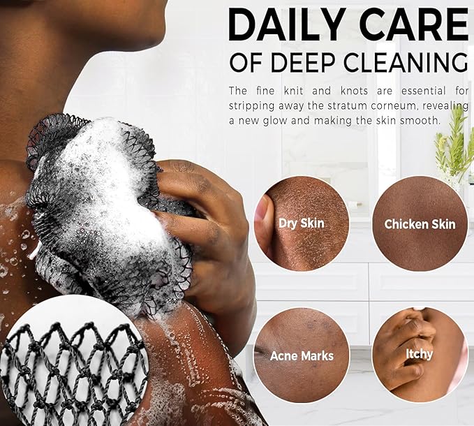 African Exfoliating Net Sponge Black & Seawave - 2 Pack Real African Net Authentic - Body Wash Scrubber for Shower Bath - Africa Bath Sponges for Men Back Scrubber Shower Accessories