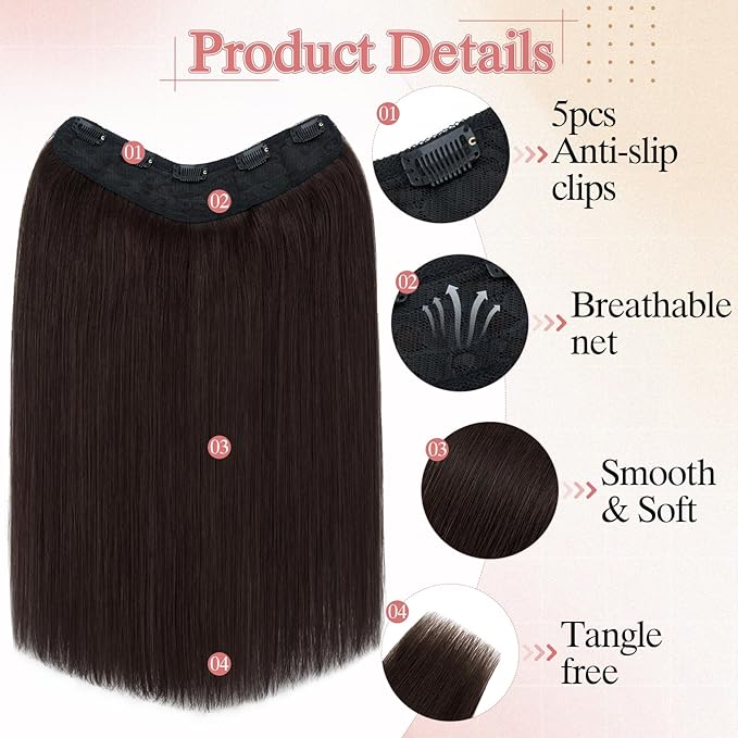 One Pieces Clip in Hair Extensions Human Hair Upgraded V-Shaped 5 Clips in Hair Extensions Human Hair Long One Piece Hairpiece for Women,14 Inch,#02 Dark Brown,55g