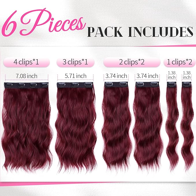 KooKaStyle Short Hair Extensions 6PCS 14 Inch Wavy Curly Hairpieces Synthetic Soft Lace Weft Clip in Hair Extensions-Burgundy for Women