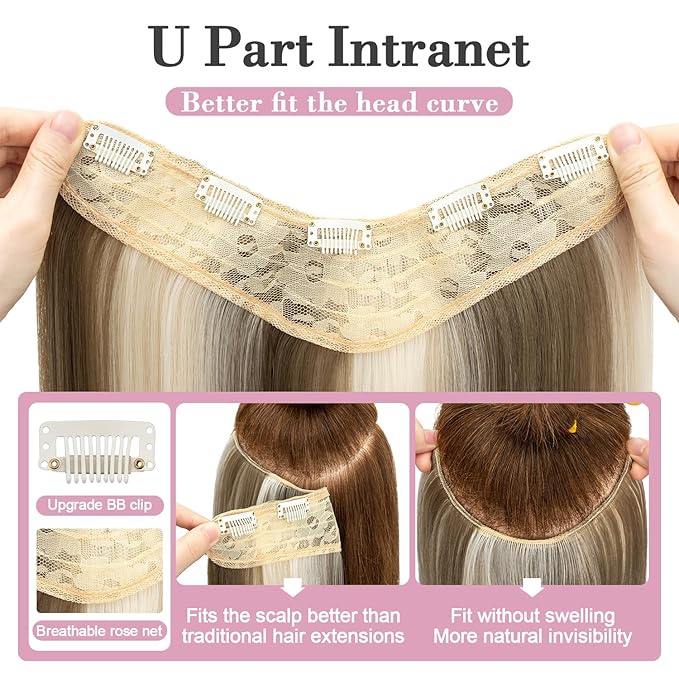 S-noilite One Piece Clip in Hair Extensions Balayage 18 Inch U-Shaped One Piece Weft Hair Extensions with 5 Clips Synthetic 3/4 Full Head Long Straight Clip in Hairpieces for Women,#620P60L