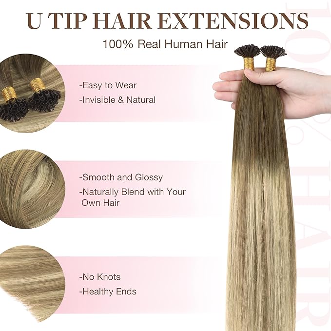 GOO GOO U Tip Hair Extensions Real Human Hair, 14inch 50g 50S, Hot Fusion U Tip, Invisible Remy Hair Extensions, 3/8/613 Balayage Walnut Brown to Ash Brown and Bleach Blonde