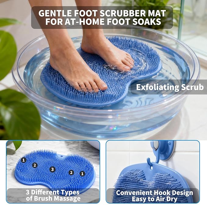 Shower Foot Scrubber Mat with 3 Types of Upgraded Brushes for Massage, Shower Back Scrubber with Micro suction cups,Back Washer,Shower Scrubber for Body at Home Spa (Sky Blue)