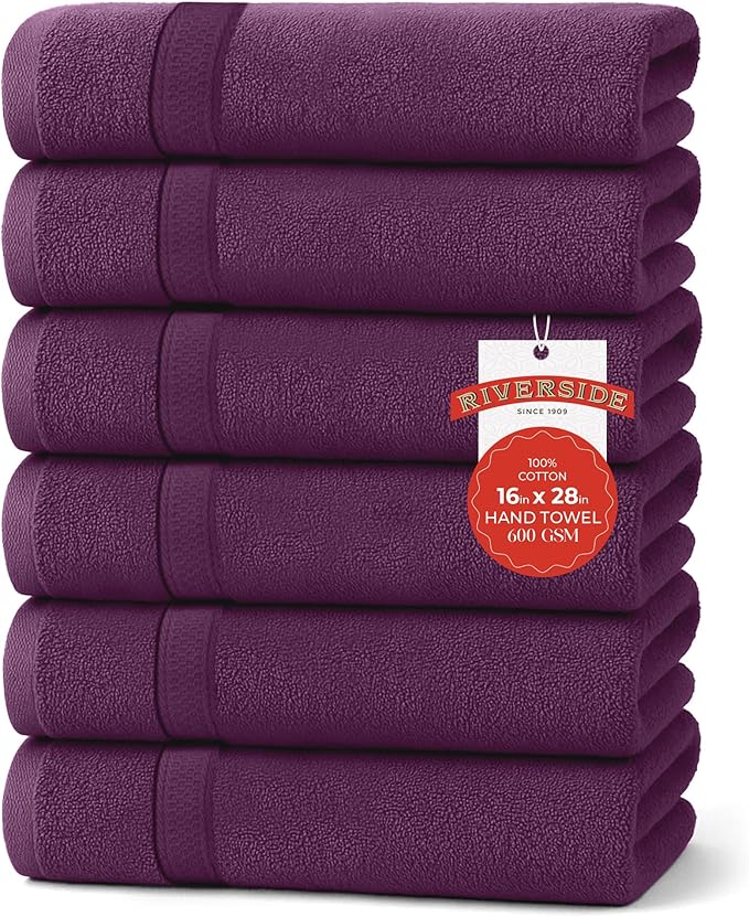 RIVERSIDE 6 Pack Premium Hand Towels Set, 16x28 inches, 100% Ring Spun Cotton, 600 GSM, Soft, Quick Dry and Highly Absorbent, Towels for Bathroom, Kitchen, Gym, Spa - Purple Passion