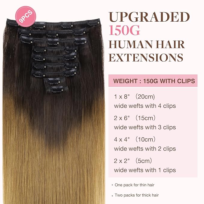 GOO GOO Clip in Hair Extensions Real Human Hair, Remy Human Hair Extensions Clip ins for Women, Natural Human Hair, 22inch 150g 9Pcs, 1D/2C/4E Chocolate Dip Color Melt