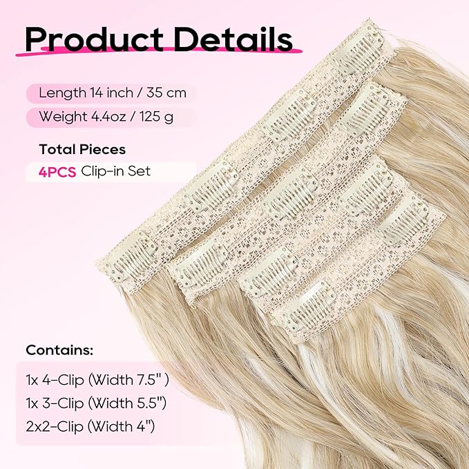 REECHO Hair Extensions - 4PCS 14" Short Beach Wavy Clip-in Hairpieces With Invisible Lace Weft - Natural Soft for Women - Ash Blonde With Highlights