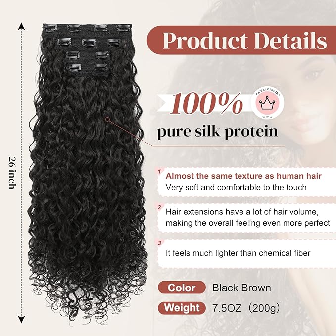 LONAI 4PC Clip in Hair Extensions, 100％ Pure Protein Silk Curly Hair Extension for Women, 26 Inch Long Soft Natural Hair Extensions-Black Brown