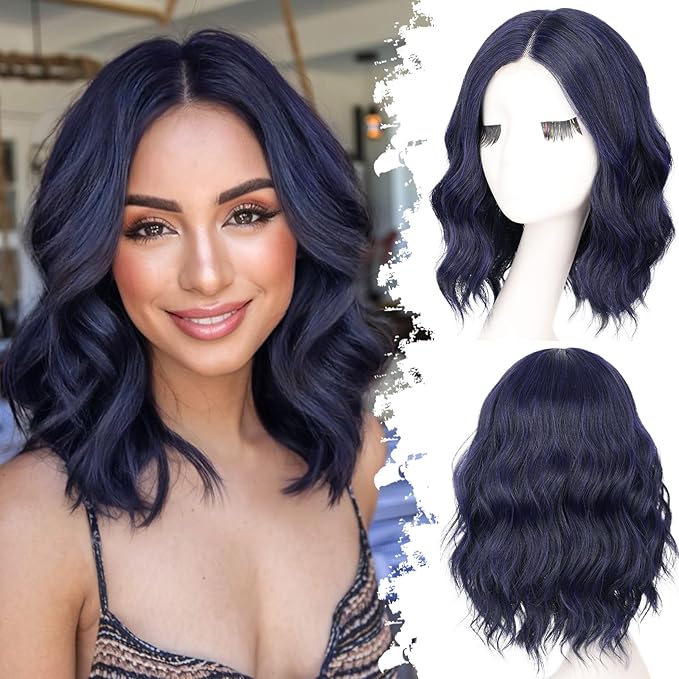 Dark Blue Short Wavy Wig for Women Lace Hairline Bob Style Synthetic Heat Resistant - Natural Appearance for Everyday Hairstyle 14 Inch