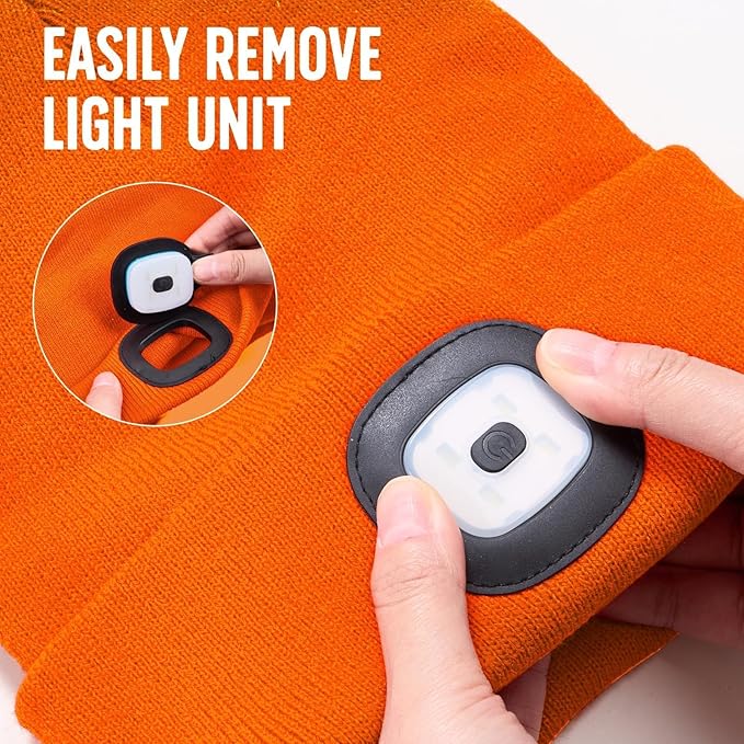 Unisex Beanie Hat with Light, Rechargeable Headlight Cap, Stocking Stuffers for Men, Cool Gadget Gifts for Him, Birthday Gifts for Women, Gifts for Him, Orange