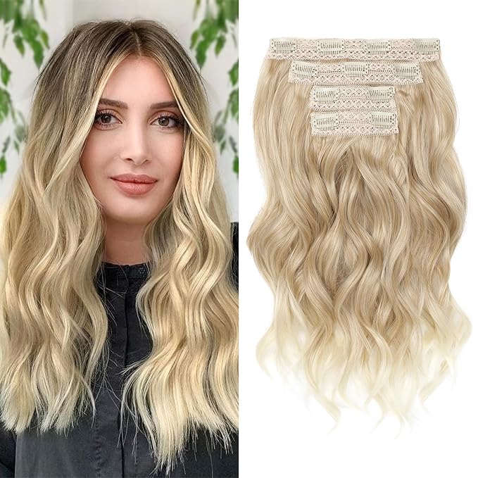 REECHO Clip in Hair Extensions - 14" Short Beach Wavy Hairpieces with Invisible Lace Weft - Natural Soft Hair for Women - Dark Blonde with Light Ends