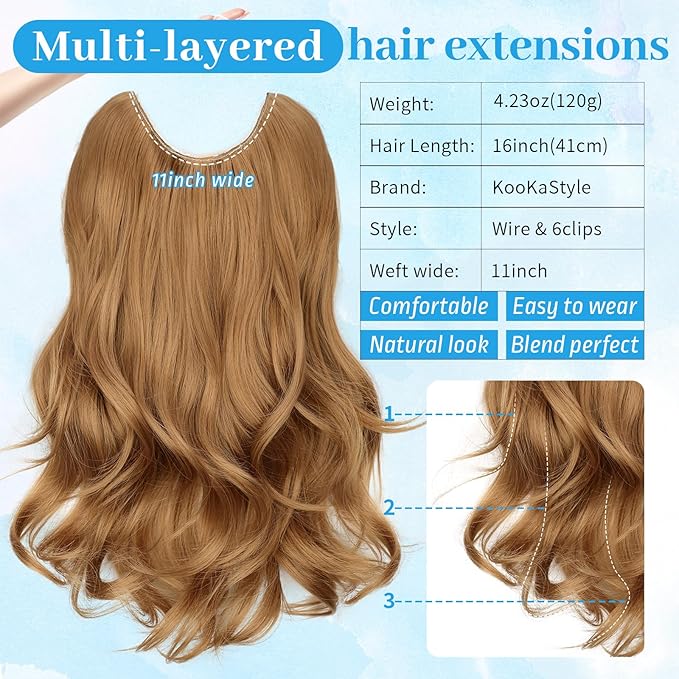 KooKaStyle Invisible Wire Hair Extensions Long Wavy Layered Synthetic Hair Extensions with Transparent Wire Adjustable Size 6 Secure Clips Strawberry Blonde Hairpieces for Women 16 Inch