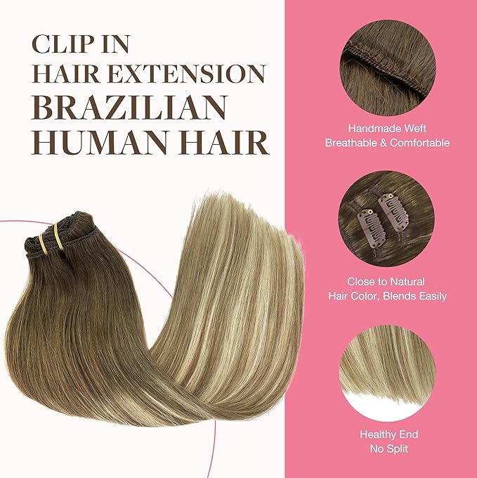 GOO GOO Clip in Hair Extensions Real Human Hair, Remy Human Hair Extensions Clip ins for Women, Natural Human Hair, 24inch 150g 9Pcs, #3/8/613 Balayage Walnut Brown to Ash Brown and Bleach Blonde