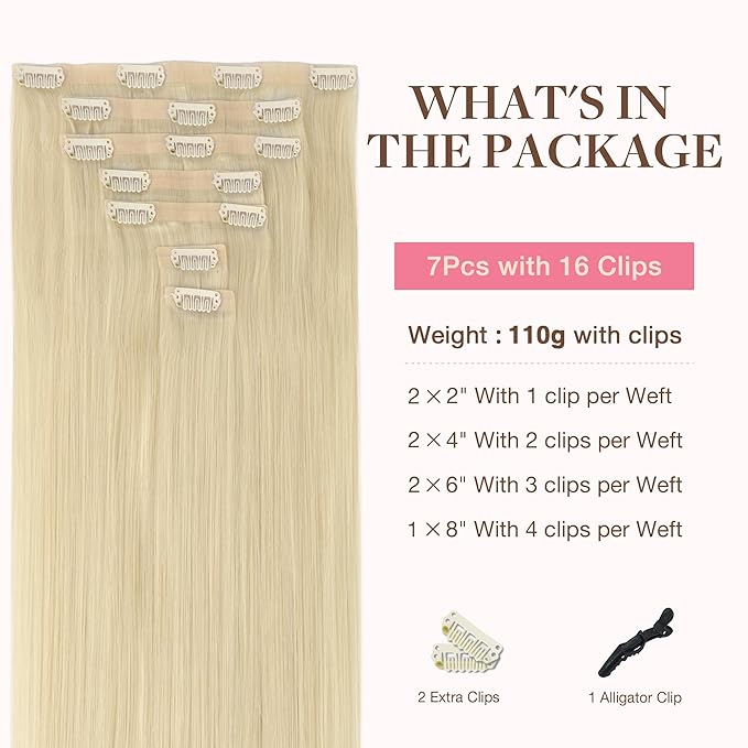 GOO GOO Clip in Hair Extensions Real Human Hair, Remy Human Hair Extensions Clip ins for Women, Natural Human Hair, 18inch 110g 7Pcs, 60A Platinum Blonde