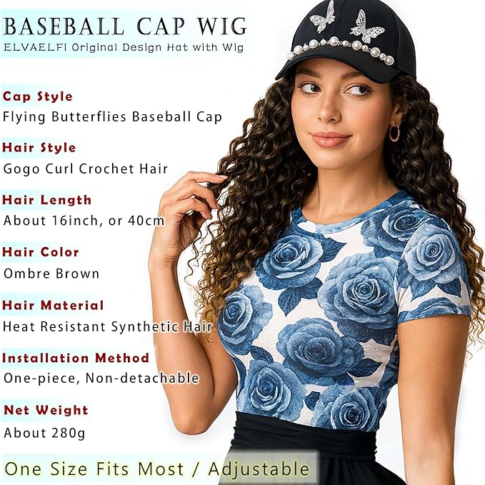 Hat with Gogo Hair Extensions, 16-Inch Synthetic Curly Brown Wig, Beach Curl Crochet Hair for Black Women