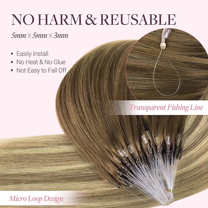 GOO GOO Micro Link Tip Hair Extensions Real Human Hair, 16inch 50g 50S, Cold Fusion Micro Link Tip, Invisible Remy Hair Extensions, 3/8/613 Walnut Brown to Ash Brown and Bleach Blonde
