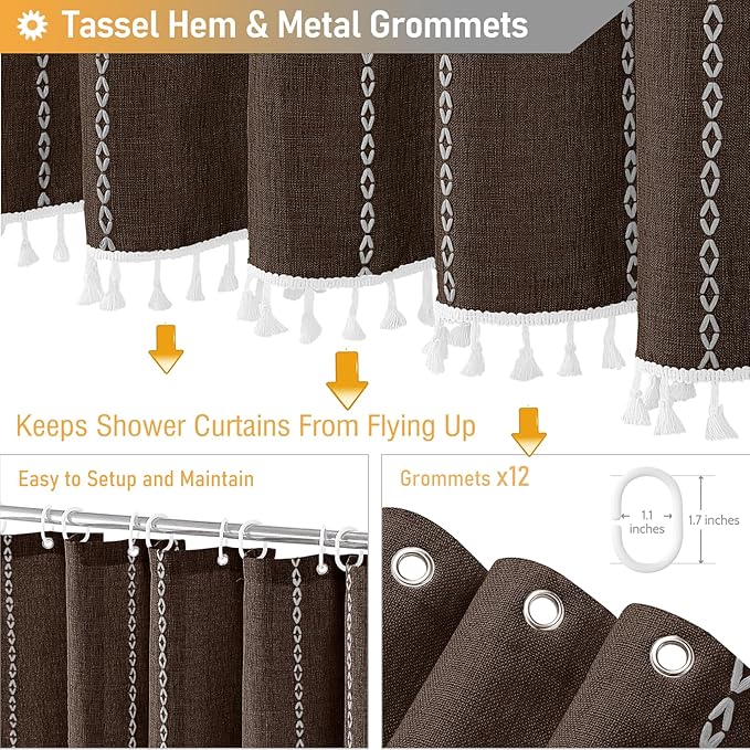 BTTN Boho Farmhouse Shower Curtain - Linen Rustic Heavy Duty Striped Fabric Shower Curtain Set, Bohemian Vintage Country Cloth Shower Curtains for Bathroom, Brown, 72" W x 96" L (Pack of 1)