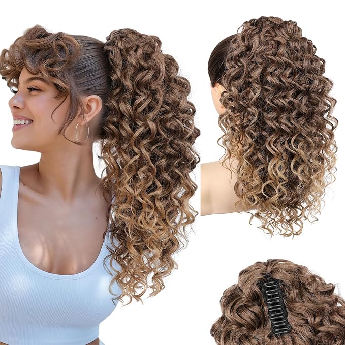 SEIKEA Ponytail Extension, 18" Claw Clip Ponytail Extension Wavy Curly Jaw Clip in Ponytail Hair Extensions Fluffy Natural Soft Fake Pony Tails Synthetic Hairpiece Brown to Blonde