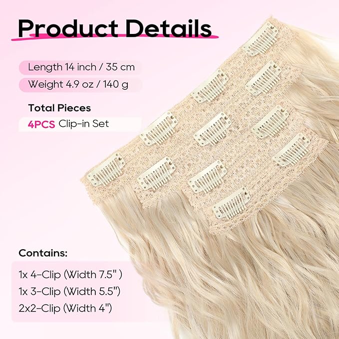 REECHO Clip in Hair Extensions, 4PCS Hair Extensions 14" Short Wavy Invisible Lace Weft Natural Soft Hairpieces for Women – Light Blonde