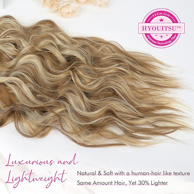 REECHO Clip in Hair Extensions, 4PCS Hair Extensions 24" Thick Long Beach Waves hair extensions HE003 Invisible Lace Weft Natural Soft Hairpieces for Women (Dark Ash Brown with Highlights)