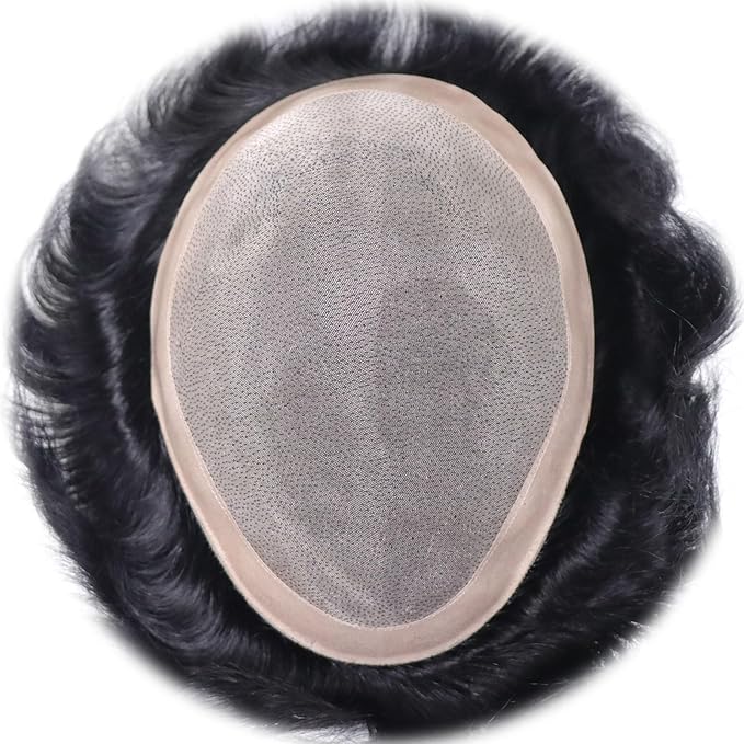 6x8 7x9 Hair Men’s Toupee Mono Lace PU Hairpiece Replacement Capillary Prosthesis System 100% Human Hair Breathable Durable Males Wig Natural Black (MONO Base, 6x9)