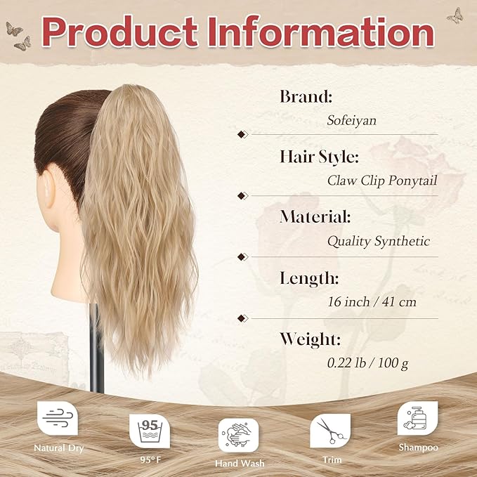 SOFEIYAN Ponytail Extension 16" Curly Wavy Claw Clip Ponytail Hair Extensions Small Claw Clip in Hairpiece Fluffy Clip on Pony Tails Jaw Clips for Women Synthetic Hairpiece, Ash Blonde
