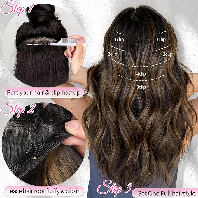 KooKaStyle Short Hair Extensions 6PCS 14 Inch Wavy Curly Hairpieces Synthetic Soft Lace Weft Clip in Hair Extensions-Light Brown with Caramel Blonde for Women