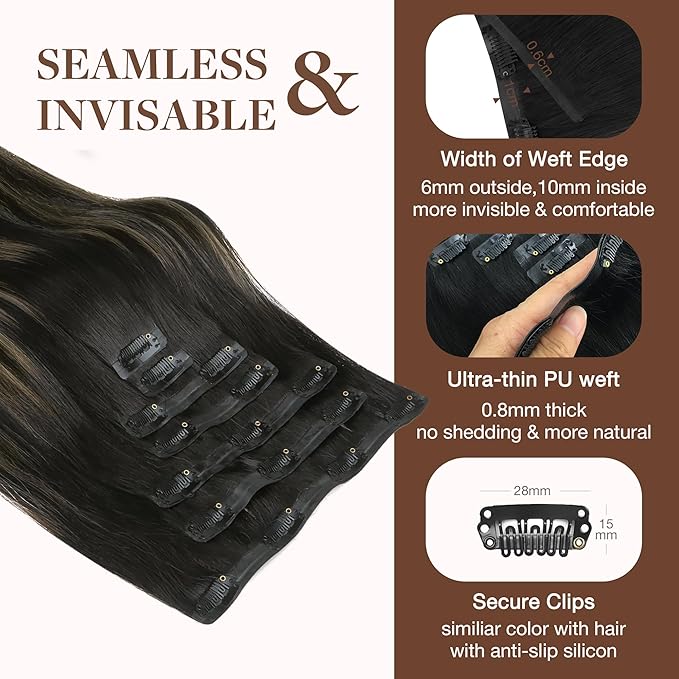 GOO GOO Clip in Hair Extensions Real Human Hair, Remy Human Hair Extensions Clip ins for Women, Natural Human Hair, 16inch 130g 7Pcs, 1B/16/1B Balayage Natural Black to Light Blonde