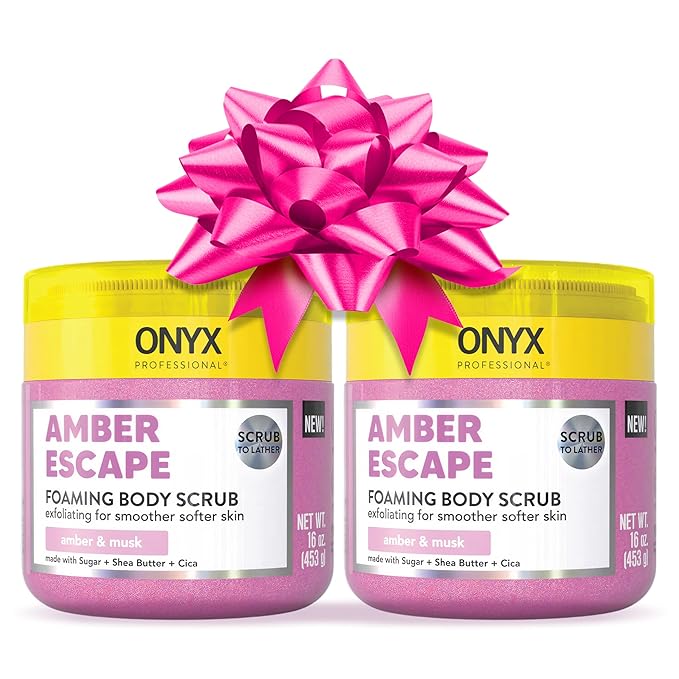 Onyx Professional Foaming Body Scrub With Brush, Amber Escape, 16oz, 2pk - Sugar Scrub Made with Sugar, Shea Butter and Cica, Includes Built-in Scrubber