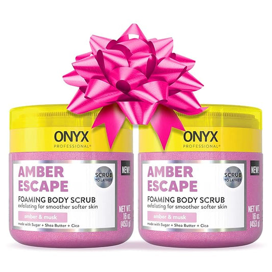 Onyx Professional Foaming Body Scrub With Brush, Amber Escape, 16oz, 2pk - Sugar Scrub Made with Sugar, Shea Butter and Cica, Includes Built-in Scrubber