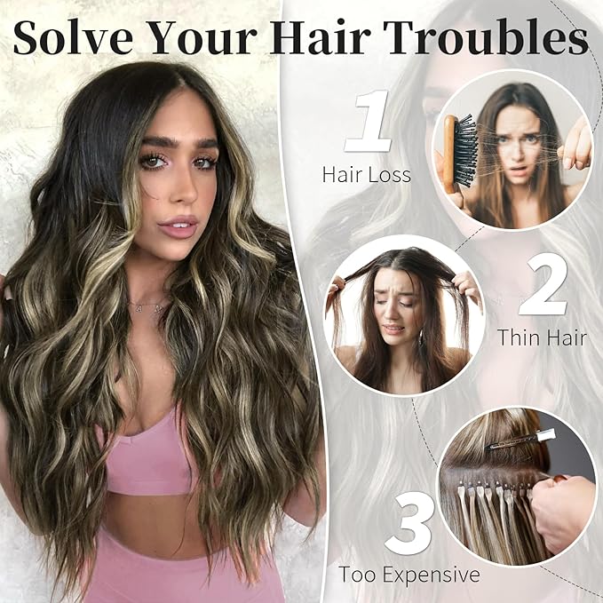 KooKaStyle Invisible Wire Hair Extensions with Transparent Headband Adjustable Size 4 Secure Clips Long Wavy Secret Wire Hairpiece 20 Inch Dark Brown with Blonde Highlights for Women