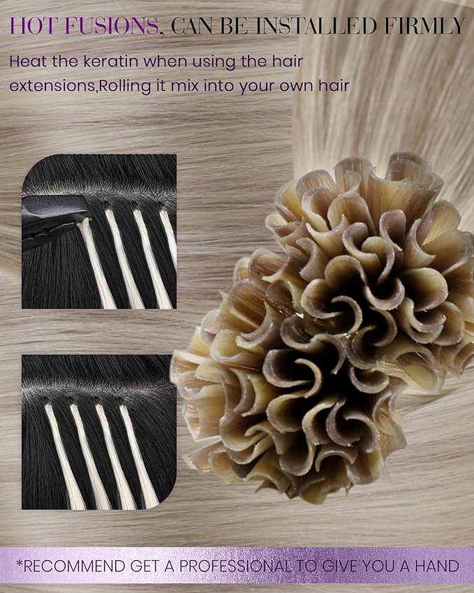 LaaVoo Utip Hair Extensions Human Hair Ash Blonde Highlights Bleach Blonde Hot Fusion Pre Bonded Hair Extensions 50g/50s 24in