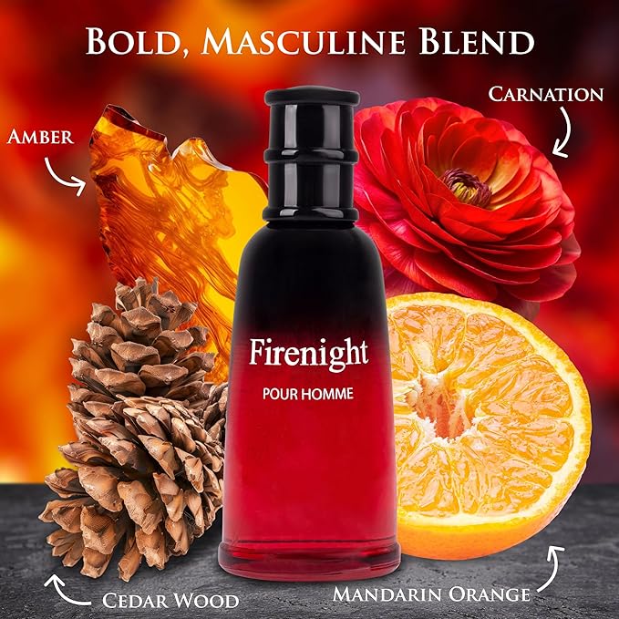 Firenight for Men Eau De Parfum 3.4 fl Oz- Top notes of Nutmeg Flower, Lavender, Cedar, Chamomile, Mandarin Orange, Hawthorn, Bergamot & Lemon - Citrus Cologne for Day & Night Use Elegant 100ml Bottle