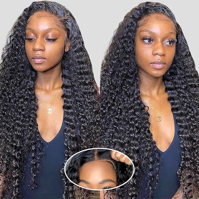 Wear and Go Glueless Wigs Human Hair Pre Plucked Pre Cut 5x5 HD Closure Wigs Human Hair Deep Wave Lace Front Wigs for Black Women 210% Dentisy 12A Deep Curly Glueless Wig Bleached Knots (22 Inch) ﻿