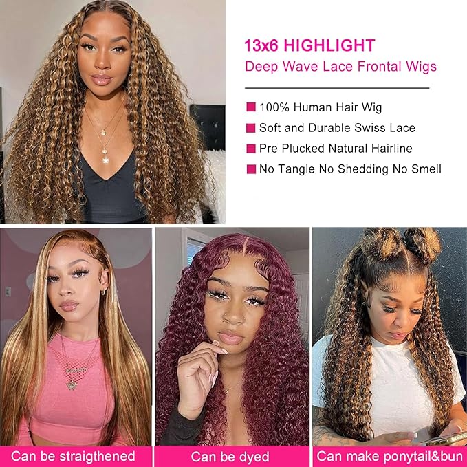 Highlight Deep Wave Lace Front Wigs Human Hair P4/27 Ombre 13x6 Wet and Wavy Frontal Wigs for Women Glueless Honey Blonde Curly Wigs Pre Plucked with Baby Hair Honey Blonde Wig 24 Inch