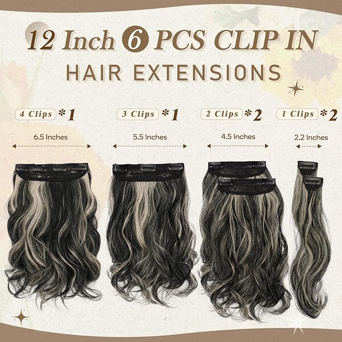 BARSDAR Black and Blonde Clip in Hair Extensions - Short Wavy Clip in Hair Extensions for Women - 12 Inch 6 PCS Voluminous Thick Soft Synthetic Beach Wave Black Blonde Highlights Hairpieces