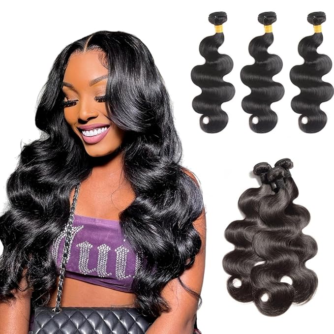 Body Wave Bundles Human Hair 18 20 22 Inch 100% Unprocessed Brazilian Hair 12A Grade 3 Bundles Human Hair Body Wave Hair Extensions for Women Natural Black