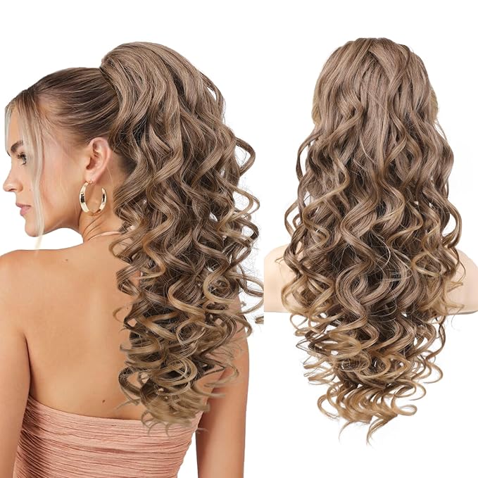 REECHO Ponytail Extension, 24" Claw Clip in Ponytail Extensions Long Curly Wavy Jaw Clip on Pony Tails Hairpiece for Women, Dark Ash Blonde with Golden Ends