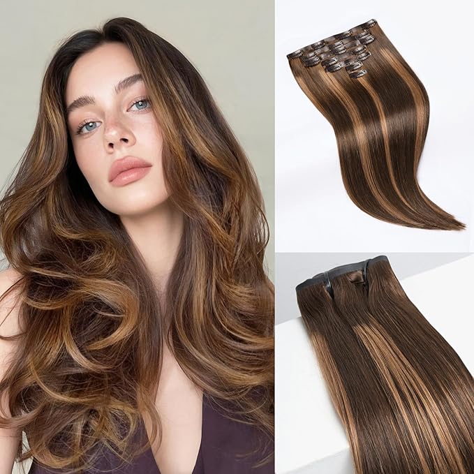 LUVME Straight Seamless 110g 7Pcs Clip in Hair Extensions Full Max with 16inch Remy Human Hair Extensions, Highlight Color 100% Real Soft