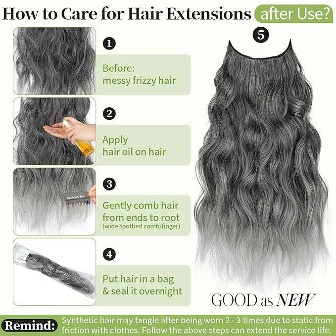KooKaStyle Invisible Wire Hair Extensions with Transparent Headband Adjustable Size 4 Secure Clips Long Wavy Secret Wire Hairpiece 20 Inch Grey/Sliver Mixed for Women