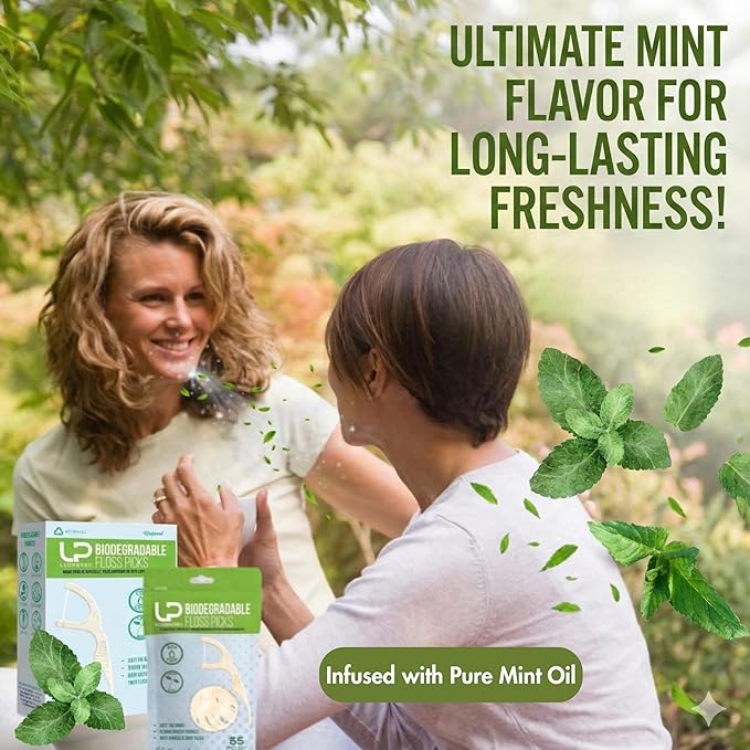 Plant Based Naturally Mint Infused Floss Picks(220pcs) with Travel Case | Biodegradable Straw Wheat Handle | Thin Single Thread Flosser, Shred-Resistant- Easy Glide for Plaque Removal & Gentle on Gum
