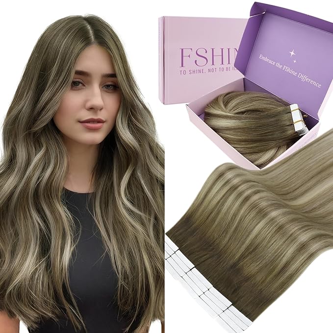 Fshine Tape in Real Human Hair - Remy Tape in Extensions - Balayage Color 3 Darker Brown Fading to 8 and 22 Blonde for Short Hair 14 Inch 50 g 20 pcs,for Moms & Busy Moms
