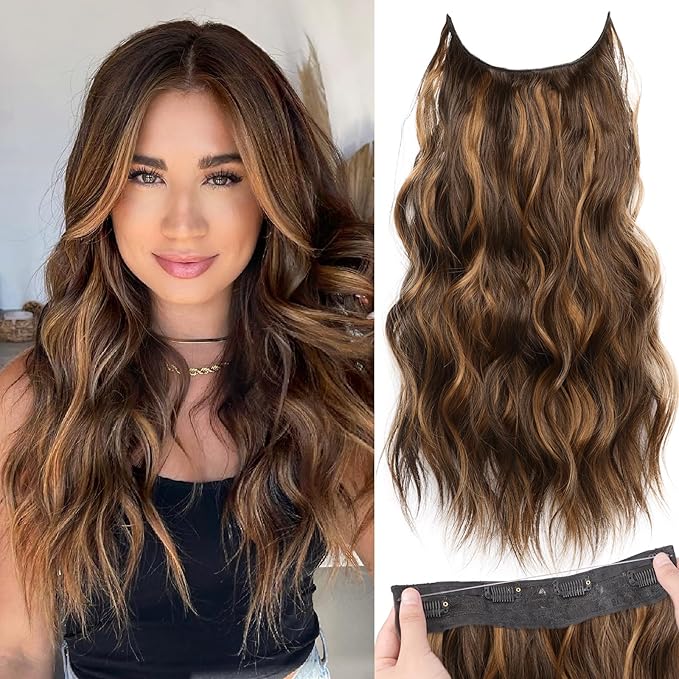 KooKaStyle Invisible Wire Hair Extensions with Transparent Headband Adjustable Size 4 Secure Clips Long Wavy Secret Wire Hairpiece 20 Inch Medium Brown to Caramel Blonde for Women