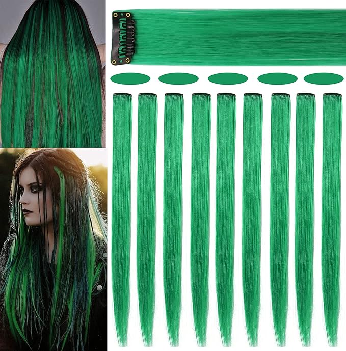 Rhyme 9PCS Green Hairpieces 21inch Colored Hair Extensions Clip in/on for Girls and Women Party Highlight Christmas Wig Pieces Hair Accessories (Green)