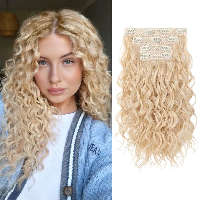 REECHO Curly Hair Extensions, 4PCS 16 inch Clip in Hair Extensions Lace Weft Short Curly Hair Extensions Clip Ins Invisible Natural Hairpieces for Women, Light Blonde