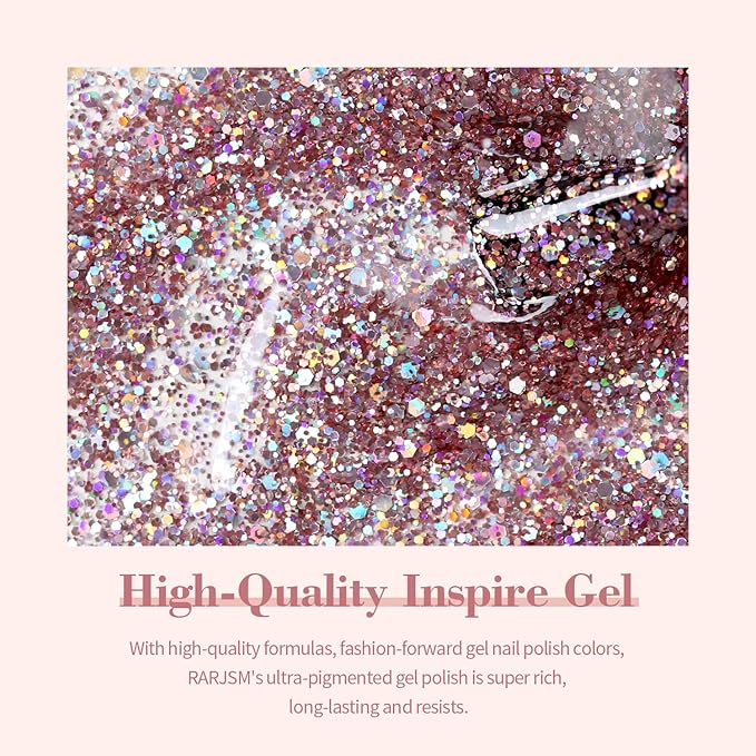 RARJSM Glitter Gel Nail Polish Light Pink Sparkly Iridescent Rainbow Shimmer Holographic Nail Gelpolish Soak off L e d U V Curing Required High Pigments for Home Salon Manicure Nail Art 15ml