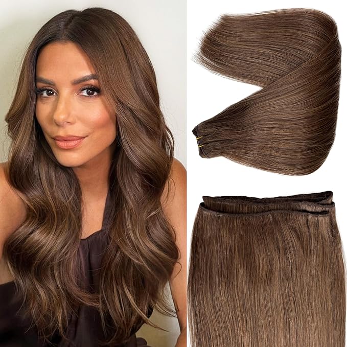 Double Weft Medium Brown Human Hair Extensions Sew in Silky Straight 22 Inch 120G Per Bundle Hand Tied Hair Extensions Real Human Hair #4 Brown Hair Weft Bundles for Sew in