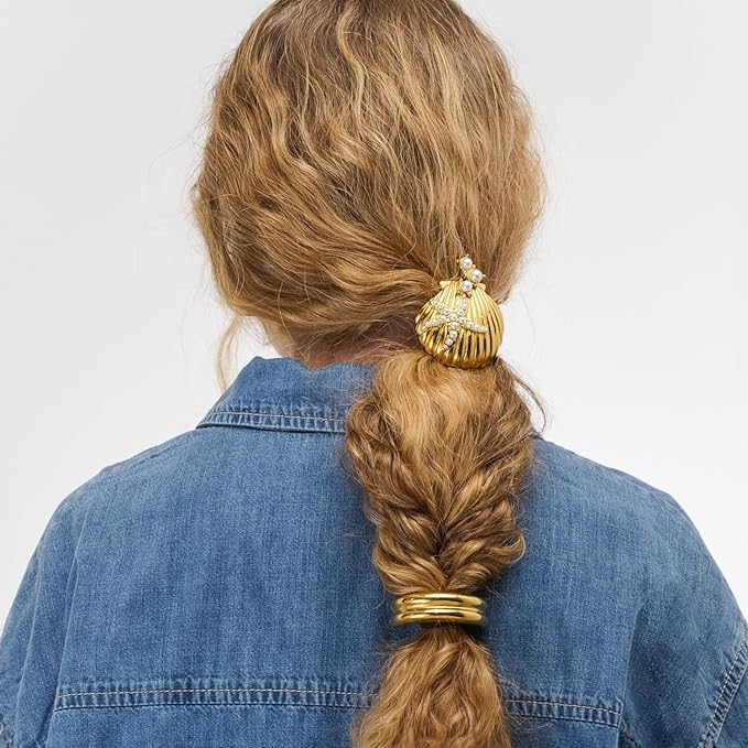 OAK & LUNA - Designer Pony Cuff - Hair Accessory for Her, Women - Dainty Gift for Birthday, Christmas (Shell, Stainless Steel with Gold Plating)