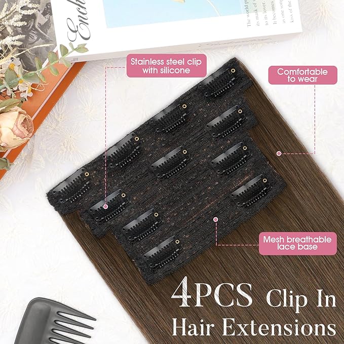 Clip in Hair Extensions Long Straight Hairpieces 22 Inch Medium Ash Brow 4PCS Ultra-thin and breathable Hairpieces Fiber Double Weft Hair for women