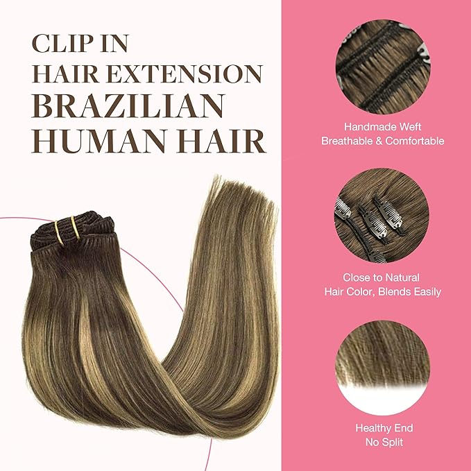 GOO GOO Clip in Hair Extensions Real Human Hair, Remy Human Hair Extensions Clip ins for Women, Natural Human Hair, 14inch 150g 9Pcs, 4/27/4 Balayage Chocolate Brown to Caramel Blonde