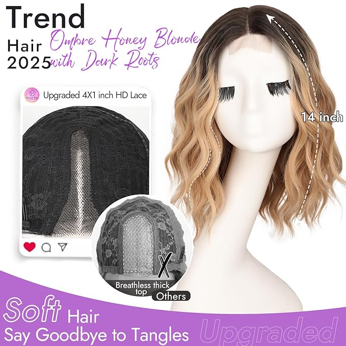 Ombre Honey Blonde with Dark Roots Short Wavy Wig for Women Lace Hairline Bob Style Synthetic Heat Resistant - Natural Appearance for Everyday Hairstyle 14 Inch